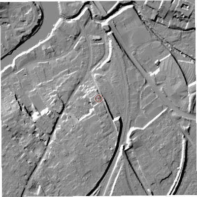 Shaded relief map of the ground around SY37NY, computed from Environment Agency LiDAR. The ground here sits at about 60 m above sea level and falls 18 m across the surrounding 800 m. Surface water reaching this point runs off ground lying to the south-east, 6.7 m higher.