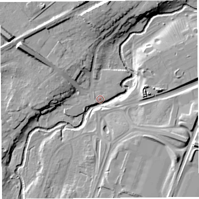 Shaded relief map of the ground around SY37RE, computed from Environment Agency LiDAR. The ground here sits at about 60 m above sea level and falls 19 m across the surrounding 800 m. Surface water reaching this point runs off ground lying to the east-south-east, 16.1 m higher.