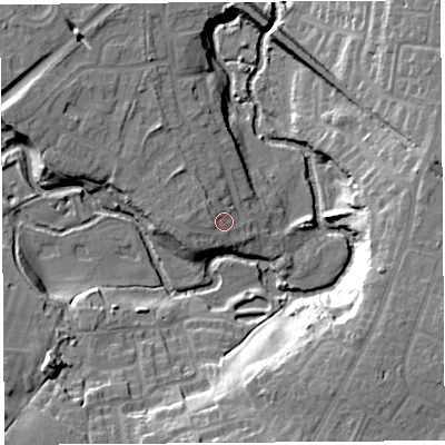 Shaded relief map of the ground around SY37TE, computed from Environment Agency LiDAR. The ground here sits at about 59 m above sea level and falls 23 m across the surrounding 800 m. Surface water reaching this point runs off ground lying to the west, 3.0 m higher.