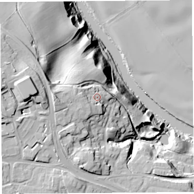 Shaded relief map of the ground around SY38DA, computed from Environment Agency LiDAR. The ground here sits at about 83 m above sea level and falls 48 m across the surrounding 800 m. Surface water reaching this point runs off ground lying to the west, 6.9 m higher.