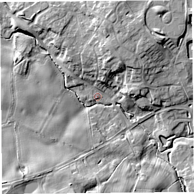 Shaded relief map of the ground around SY38DB, computed from Environment Agency LiDAR. The ground here sits at about 74 m above sea level and falls 15 m across the surrounding 800 m. Surface water reaching this point runs off ground lying to the north-north-east, 10.9 m higher.