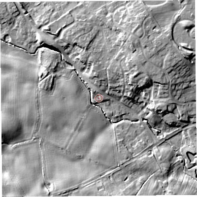 Shaded relief map of the ground around SY38DD, computed from Environment Agency LiDAR. The ground here sits at about 76 m above sea level and falls 14 m across the surrounding 800 m. Surface water reaching this point runs off ground lying to the north-north-west, 8.7 m higher.