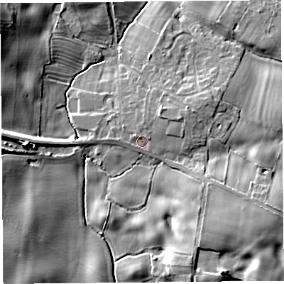 Shaded relief map of the ground around SY38EQ, computed from Environment Agency LiDAR. The ground here sits at about 77 m above sea level and falls 14 m across the surrounding 800 m. Surface water reaching this point runs off ground lying to the north-east, 1.9 m higher.