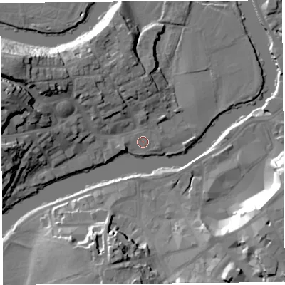 Shaded relief map of the ground around SY38FT, computed from Environment Agency LiDAR. The ground here sits at about 51 m above sea level and falls 24 m across the surrounding 800 m. Surface water reaching this point runs off ground lying to the north, 2.5 m higher.