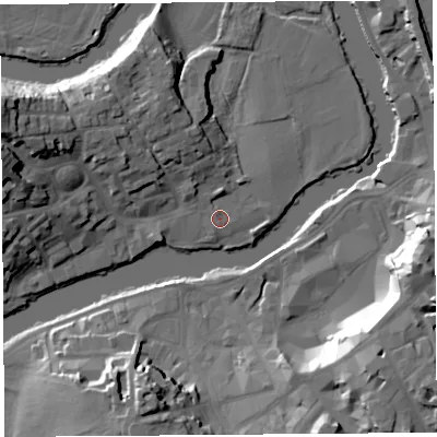 Shaded relief map of the ground around SY38HB, computed from Environment Agency LiDAR. The ground here sits at about 51 m above sea level and falls 24 m across the surrounding 800 m. Surface water reaching this point runs off ground lying to the north-north-west, 6.2 m higher.