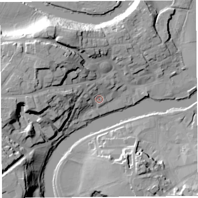 Shaded relief map of the ground around SY38JL, computed from Environment Agency LiDAR. The ground here sits at about 53 m above sea level and falls 30 m across the surrounding 800 m. Surface water reaching this point runs off ground lying to the west, 12.5 m higher.