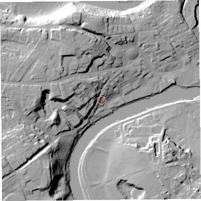 Shaded relief map of the ground around SY38JQ, computed from Environment Agency LiDAR. The ground here sits at about 54 m above sea level and falls 33 m across the surrounding 800 m. Surface water reaching this point runs off ground lying to the west, 19.3 m higher.