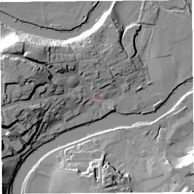 Shaded relief map of the ground around SY38JU, computed from Environment Agency LiDAR. The ground here sits at about 52 m above sea level and falls 26 m across the surrounding 800 m. Surface water reaching this point runs off ground lying to the west-north-west, 22.7 m higher.