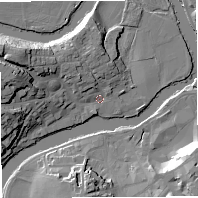 Shaded relief map of the ground around SY38JX, computed from Environment Agency LiDAR. The ground here sits at about 51 m above sea level and falls 25 m across the surrounding 800 m. Surface water reaching this point runs off ground lying to the west-north-west, 16.3 m higher.