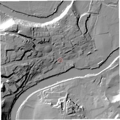 Shaded relief map of the ground around SY38JY, computed from Environment Agency LiDAR. The ground here sits at about 52 m above sea level and falls 26 m across the surrounding 800 m. Surface water reaching this point runs off ground lying to the west-north-west, 22.6 m higher.