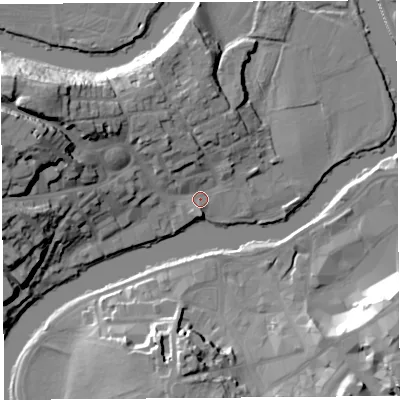 Shaded relief map of the ground around SY38LG, computed from Environment Agency LiDAR. The ground here sits at about 51 m above sea level and falls 26 m across the surrounding 800 m. Surface water reaching this point runs off ground lying to the west-north-west, 16.4 m higher.