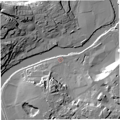 Shaded relief map of the ground around SY38LH, computed from Environment Agency LiDAR. The ground here sits at about 53 m above sea level and falls 25 m across the surrounding 800 m. Surface water reaching this point runs off ground lying to the north, 1.0 m higher.