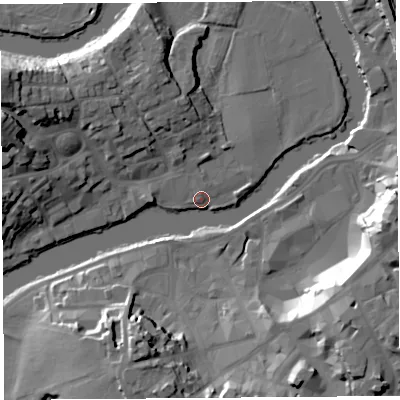 Shaded relief map of the ground around SY38LJ, computed from Environment Agency LiDAR. The ground here sits at about 51 m above sea level and falls 24 m across the surrounding 800 m. Surface water reaching this point runs off ground lying to the south-east, 23.7 m higher.