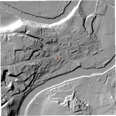 Shaded relief map of the ground around SY38LN, computed from Environment Agency LiDAR. The ground here sits at about 55 m above sea level and falls 29 m across the surrounding 800 m. Surface water reaching this point runs off ground lying to the west-north-west, 2.8 m higher.