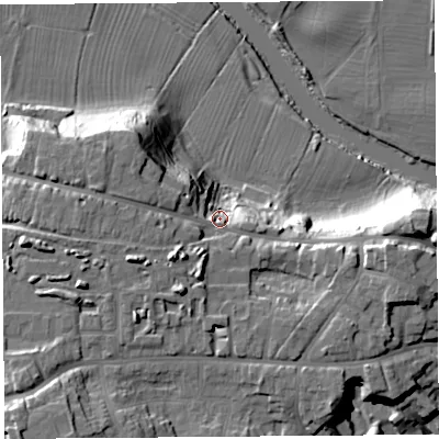 Shaded relief map of the ground around SY38PN, computed from Environment Agency LiDAR. The ground here sits at about 67 m above sea level and falls 32 m across the surrounding 800 m. Surface water reaching this point runs off ground lying to the west-south-west, 15.8 m higher.