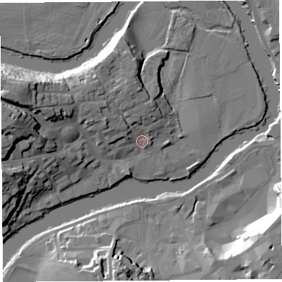 Shaded relief map of the ground around SY38QF, computed from Environment Agency LiDAR. The ground here sits at about 53 m above sea level and falls 25 m across the surrounding 800 m. Surface water reaching this point runs off ground lying to the west-north-west, 10.1 m higher.