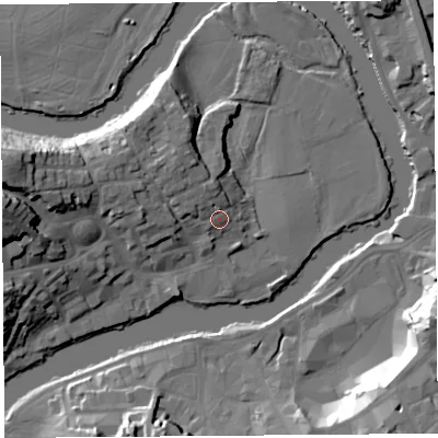 Shaded relief map of the ground around SY38QU, computed from Environment Agency LiDAR. The ground here sits at about 54 m above sea level and falls 24 m across the surrounding 800 m. Surface water reaching this point runs off ground lying to the north-north-west, 3.8 m higher.