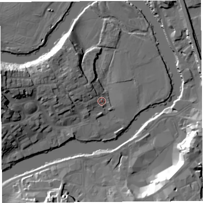 Shaded relief map of the ground around SY38QZ, computed from Environment Agency LiDAR. The ground here sits at about 53 m above sea level and falls 24 m across the surrounding 800 m. Surface water reaching this point runs off ground lying to the north-west, 6.6 m higher.