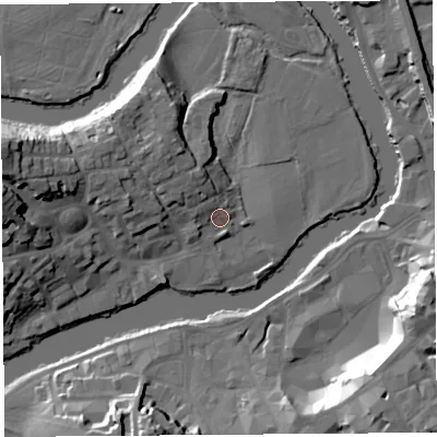 Shaded relief map of the ground around SY38RB, computed from Environment Agency LiDAR. The ground here sits at about 52 m above sea level and falls 24 m across the surrounding 800 m. Surface water reaching this point runs off ground lying to the north-west, 3.1 m higher.