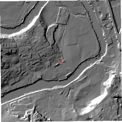 Shaded relief map of the ground around SY38RD, computed from Environment Agency LiDAR. The ground here sits at about 51 m above sea level and falls 24 m across the surrounding 800 m. Surface water reaching this point runs off ground lying to the west-north-west, 4.0 m higher.
