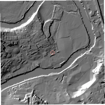 Shaded relief map of the ground around SY38RE, computed from Environment Agency LiDAR. The ground here sits at about 52 m above sea level and falls 24 m across the surrounding 800 m. Surface water reaching this point runs off ground lying to the south-south-east, 2.3 m higher.
