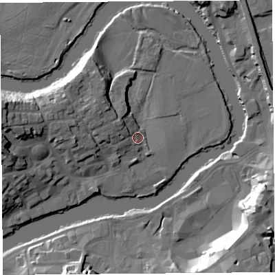 Shaded relief map of the ground around SY38RF, computed from Environment Agency LiDAR. The ground here sits at about 52 m above sea level and falls 24 m across the surrounding 800 m. Surface water reaching this point runs off ground lying to the west-north-west, 7.7 m higher.
