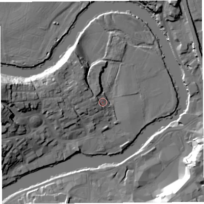 Shaded relief map of the ground around SY38RG, computed from Environment Agency LiDAR. The ground here sits at about 54 m above sea level and falls 23 m across the surrounding 800 m. Surface water reaching this point runs off ground lying to the west, 8.6 m higher.