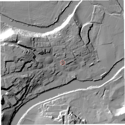 Shaded relief map of the ground around SY38RJ, computed from Environment Agency LiDAR. The ground here sits at about 55 m above sea level and falls 26 m across the surrounding 800 m. Surface water reaching this point runs off ground lying to the north-north-west, 6.2 m higher.