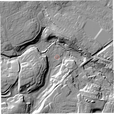 Shaded relief map of the ground around SY39BG, computed from Environment Agency LiDAR. The ground here sits at about 66 m above sea level and falls 17 m across the surrounding 800 m. Surface water reaching this point runs off ground lying to the west-south-west, 13.4 m higher.