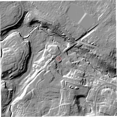 Shaded relief map of the ground around SY39BQ, computed from Environment Agency LiDAR. The ground here sits at about 71 m above sea level and falls 18 m across the surrounding 800 m. Surface water reaching this point runs off ground lying to the south-south-east, 9.7 m higher.