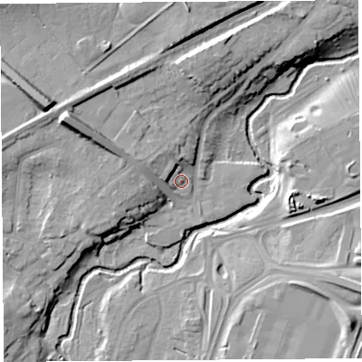 Shaded relief map of the ground around SY39JB, computed from Environment Agency LiDAR. The ground here sits at about 61 m above sea level and falls 19 m across the surrounding 800 m. Surface water reaching this point runs off ground lying to the west-north-west, 6.1 m higher.