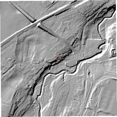 Shaded relief map of the ground around SY39JT, computed from Environment Agency LiDAR. The ground here sits at about 65 m above sea level and falls 19 m across the surrounding 800 m. Surface water reaching this point runs off ground lying to the west-north-west, 6.7 m higher.
