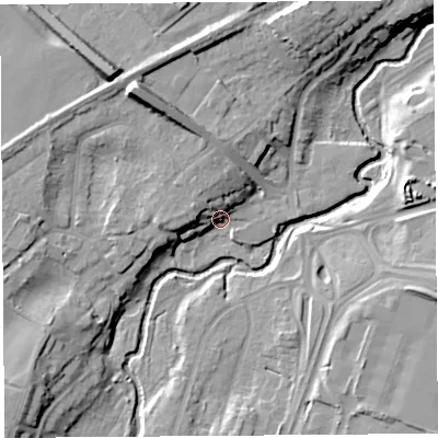 Shaded relief map of the ground around SY39JU, computed from Environment Agency LiDAR. The ground here sits at about 62 m above sea level and falls 19 m across the surrounding 800 m. Surface water reaching this point runs off ground lying to the north-north-west, 11.9 m higher.