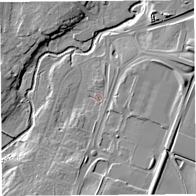 Shaded relief map of the ground around SY39LB, computed from Environment Agency LiDAR. The ground here sits at about 62 m above sea level and falls 17 m across the surrounding 800 m. Surface water reaching this point runs off ground lying to the north-east, 2.0 m higher.