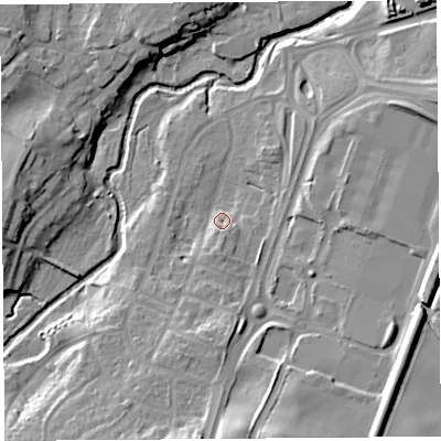 Shaded relief map of the ground around SY39LU, computed from Environment Agency LiDAR. The ground here sits at about 62 m above sea level and falls 20 m across the surrounding 800 m. Surface water reaching this point runs off ground lying to the south, 3.9 m higher.