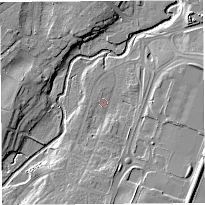 Shaded relief map of the ground around SY39LX, computed from Environment Agency LiDAR. The ground here sits at about 61 m above sea level and falls 15 m across the surrounding 800 m. Surface water reaching this point runs off ground lying to the south-south-east, 11.3 m higher.