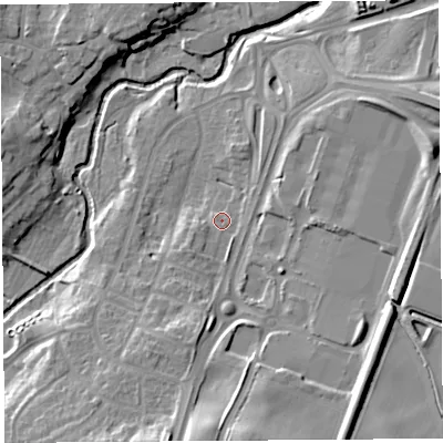 Shaded relief map of the ground around SY39LZ, computed from Environment Agency LiDAR. The ground here sits at about 62 m above sea level and falls 20 m across the surrounding 800 m. Surface water reaching this point runs off ground lying to the south-south-west, 5.7 m higher.