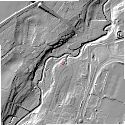 Shaded relief map of the ground around SY39NF, computed from Environment Agency LiDAR. The ground here sits at about 61 m above sea level and falls 18 m across the surrounding 800 m. Surface water reaching this point runs off ground lying to the south-west, 3.1 m higher.