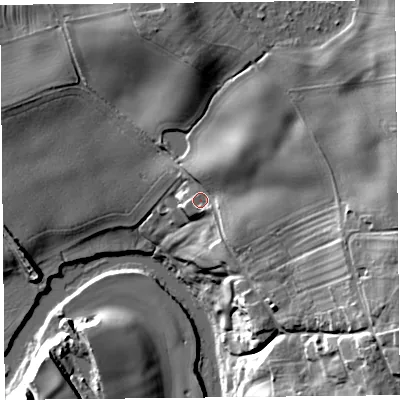 Shaded relief map of the ground around SY41AJ, computed from Environment Agency LiDAR. The ground here sits at about 69 m above sea level and falls 34 m across the surrounding 800 m. Surface water reaching this point runs off ground lying to the east-south-east, 18.7 m higher.
