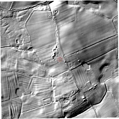 Shaded relief map of the ground around SY41AP, computed from Environment Agency LiDAR. The ground here sits at about 71 m above sea level and falls 16 m across the surrounding 800 m. Surface water reaching this point runs off ground lying to the north-east, 6.0 m higher.