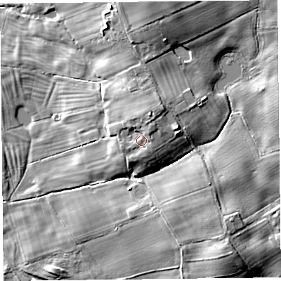 Shaded relief map of the ground around SY41AW, computed from Environment Agency LiDAR. The ground here sits at about 70 m above sea level and falls 15 m across the surrounding 800 m. Surface water reaching this point runs off ground lying to the north-east, 2.1 m higher.