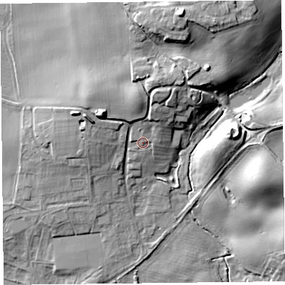Shaded relief map of the ground around SY41BJ, computed from Environment Agency LiDAR. The ground here sits at about 71 m above sea level and falls 23 m across the surrounding 800 m. Surface water reaching this point runs off ground lying to the north, 9.4 m higher.