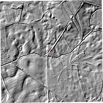 Shaded relief map of the ground around SY41BL, computed from Environment Agency LiDAR. The ground here sits at about 60 m above sea level and falls 7 m across the surrounding 800 m. Surface water reaching this point runs off ground lying to the north-north-east, 3.2 m higher.