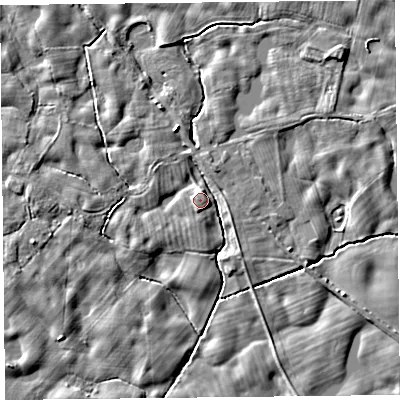 Shaded relief map of the ground around SY41BP, computed from Environment Agency LiDAR. The ground here sits at about 61 m above sea level and falls 5 m across the surrounding 800 m. Surface water reaching this point runs off ground lying to the south-south-west, 1.4 m higher.