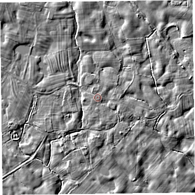 Shaded relief map of the ground around SY41BT, computed from Environment Agency LiDAR. The ground here sits at about 60 m above sea level and falls 5 m across the surrounding 800 m. Surface water reaching this point runs off ground lying to the east-north-east, 1.0 m higher.