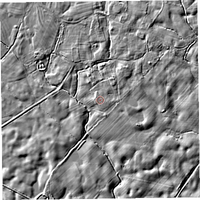 Shaded relief map of the ground around SY41BU, computed from Environment Agency LiDAR. The ground here sits at about 59 m above sea level and falls 5 m across the surrounding 800 m. Surface water reaching this point runs off ground lying to the north-north-east, 2.0 m higher.