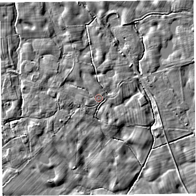 Shaded relief map of the ground around SY41BW, computed from Environment Agency LiDAR. The ground here sits at about 60 m above sea level and falls 5 m across the surrounding 800 m. Surface water reaching this point runs off ground lying to the west-north-west, 1.8 m higher.