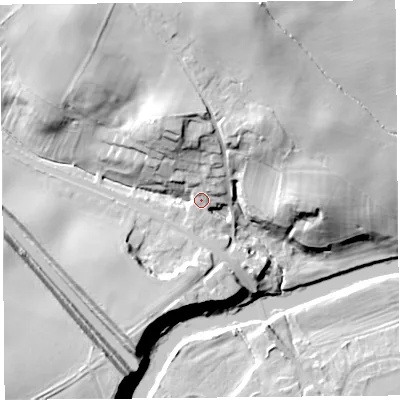 Shaded relief map of the ground around SY41DA, computed from Environment Agency LiDAR. The ground here sits at about 64 m above sea level and falls 28 m across the surrounding 800 m. Surface water reaching this point runs off ground lying to the north-west, 22.1 m higher.