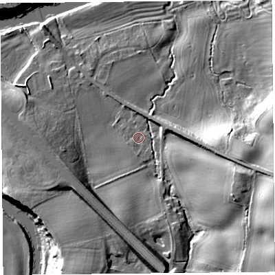 Shaded relief map of the ground around SY41DT, computed from Environment Agency LiDAR. The ground here sits at about 60 m above sea level and falls 30 m across the surrounding 800 m. Surface water reaching this point runs off ground lying to the east-south-east, 23.7 m higher.
