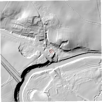 Shaded relief map of the ground around SY41ED, computed from Environment Agency LiDAR. The ground here sits at about 58 m above sea level and falls 26 m across the surrounding 800 m. Surface water reaching this point runs off ground lying to the north-north-west, 20.8 m higher.